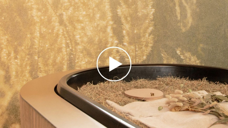 Kokon vor Graesern und Holzpuppe mit Blumen bedeckt